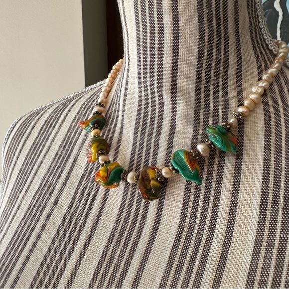 Golden Pearl & Italian Colorful Glass Beads Short Necklace Handmade OOAK - Picture 4 of 15